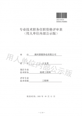 專業技術職務任職資格評審表 （用人單位內部公示版）