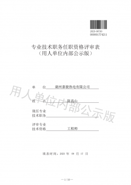專業技術職務任職資格評審表 （用人單位內部公示版）